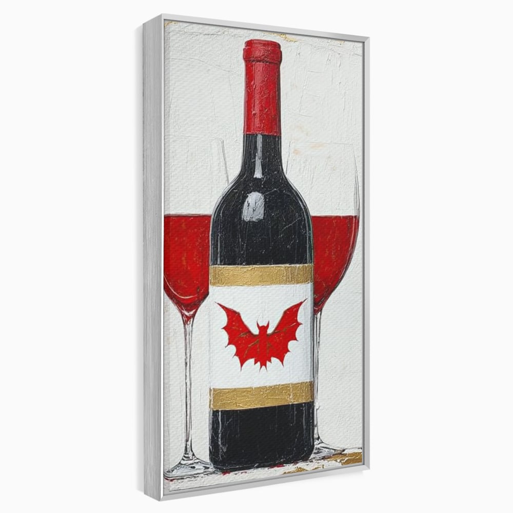 Tablou canvas cu tablou canvas cu sticla de vin si lilieci, in rama de aluminiu argintiu